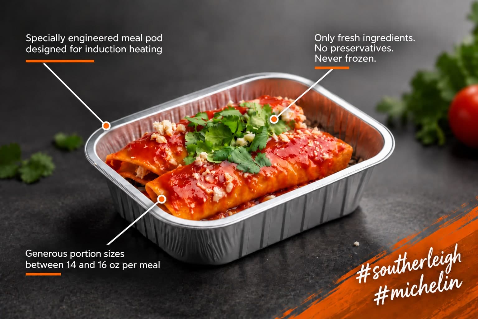 A Raptor meal in its induction heating pod: fresh ingredients, no preservatives, never frozen, 14 to 16 oz per meal