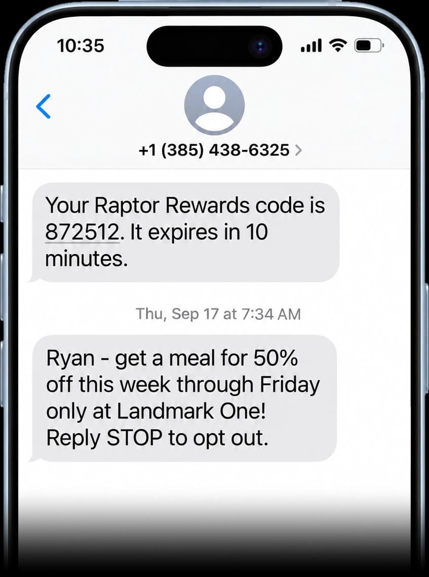 A phone showing two text messages from Raptor Vending: a Raptor Rewards confirmation code, then an offer for a meal at 50% off this week at Landmark One