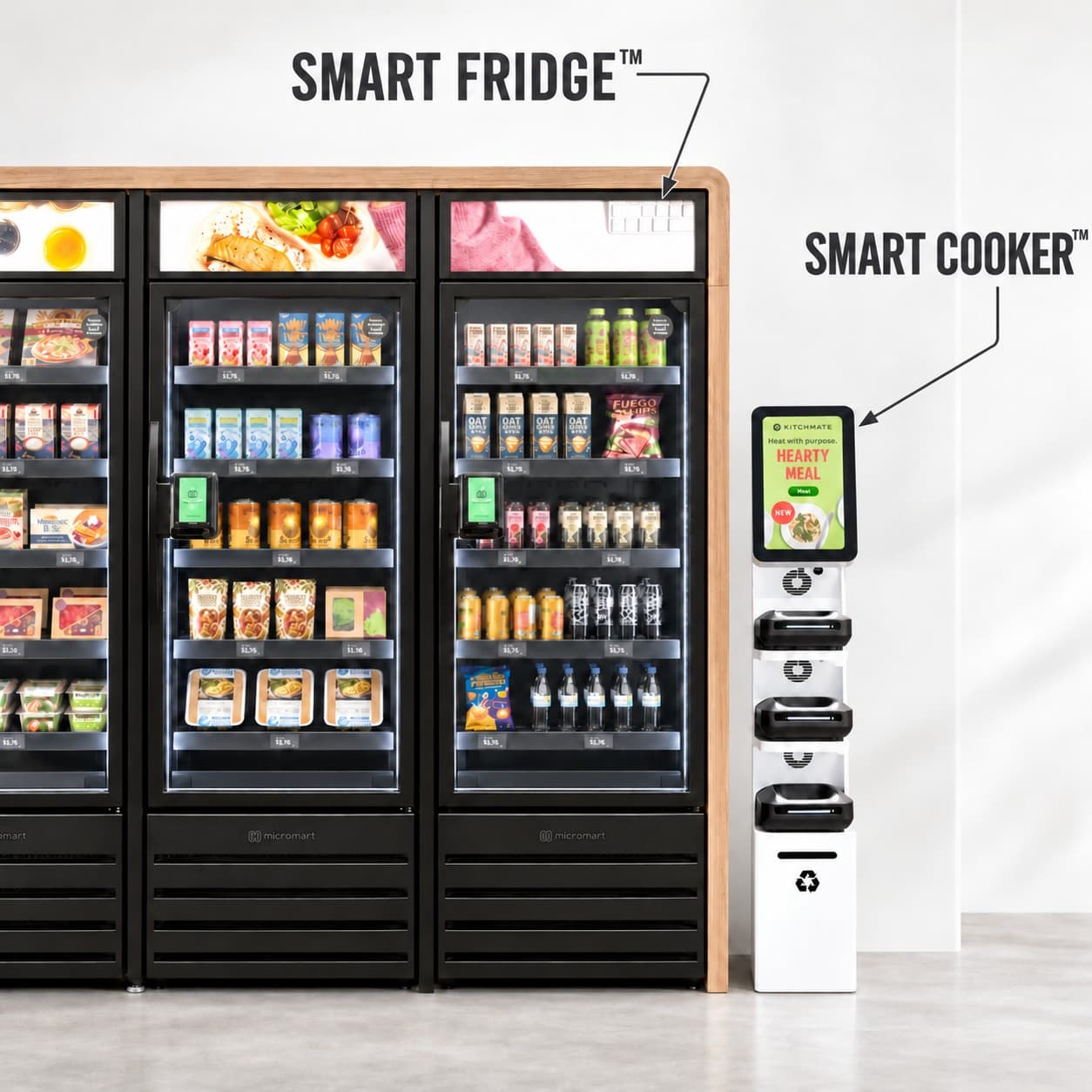 Smart Fridge™ cabinets stocked with drinks, snacks and packaged meals, and beside them a Smart Cooker™ tower with three heating pods, each labeled by name