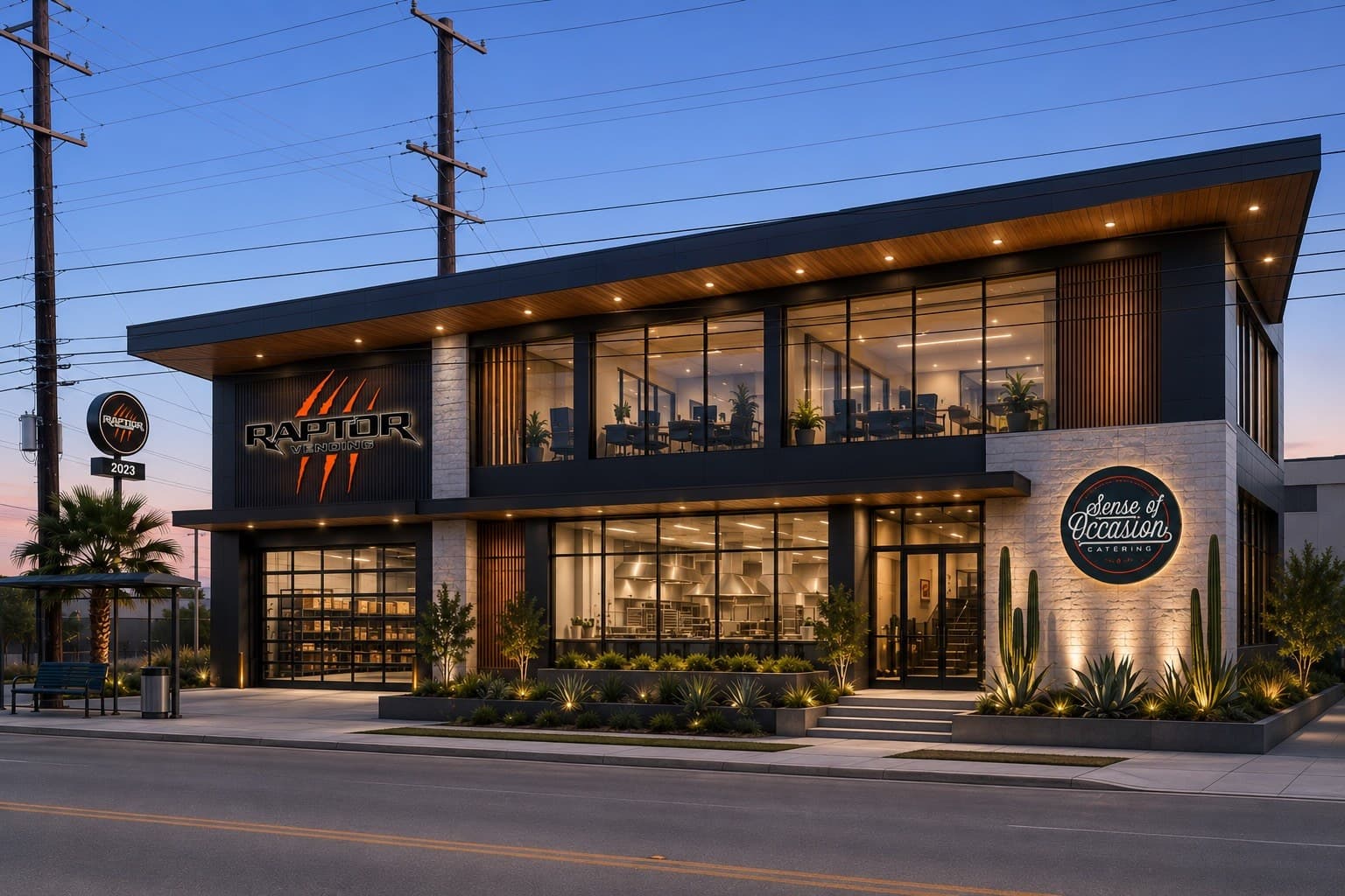 Concept rendering of a two-story building at dusk, with a Raptor Vending sign on the left and a Sense of Occasion Catering sign on the right