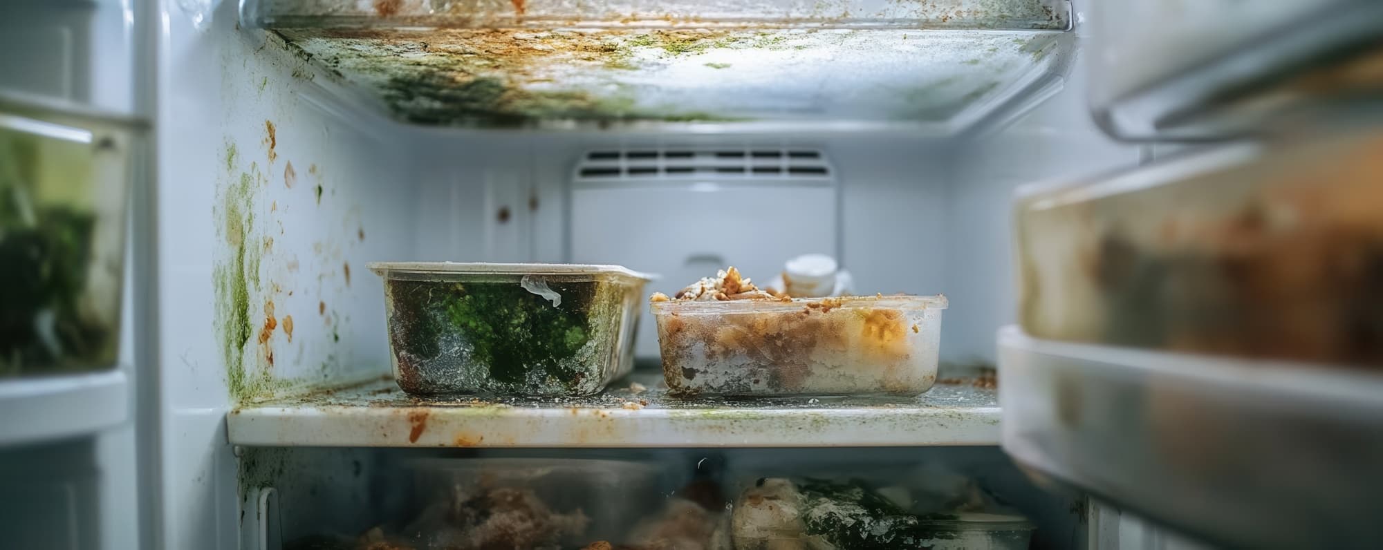 typical office fridge with expired food