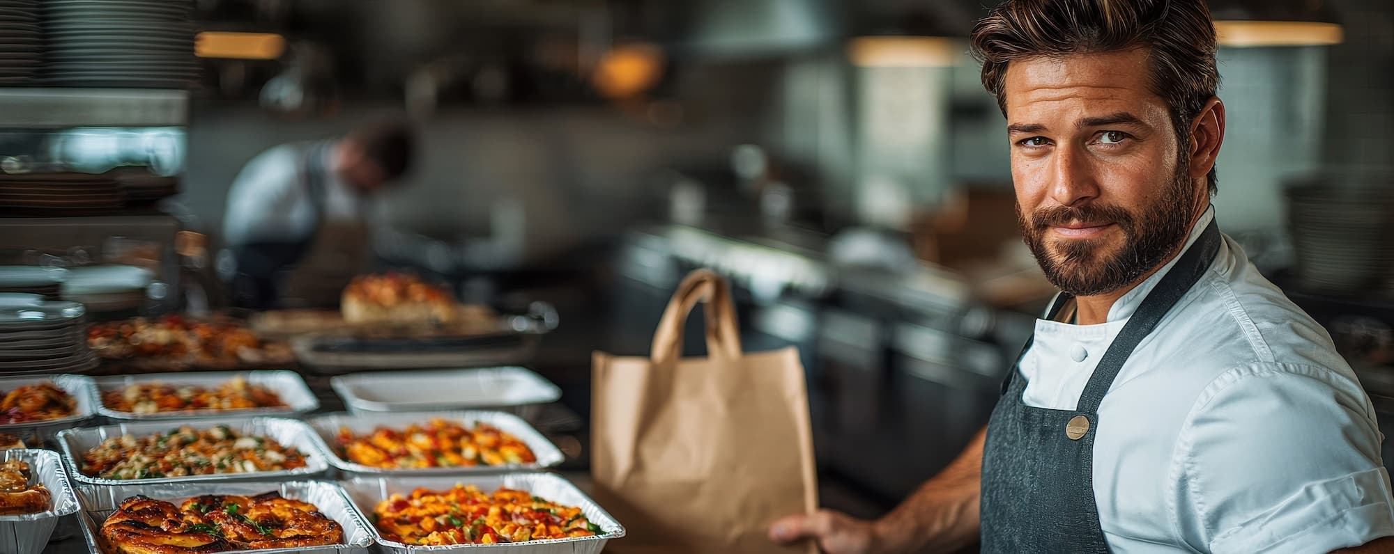 Chef preparing meal packaging inside a vibrant professional kitchen setting