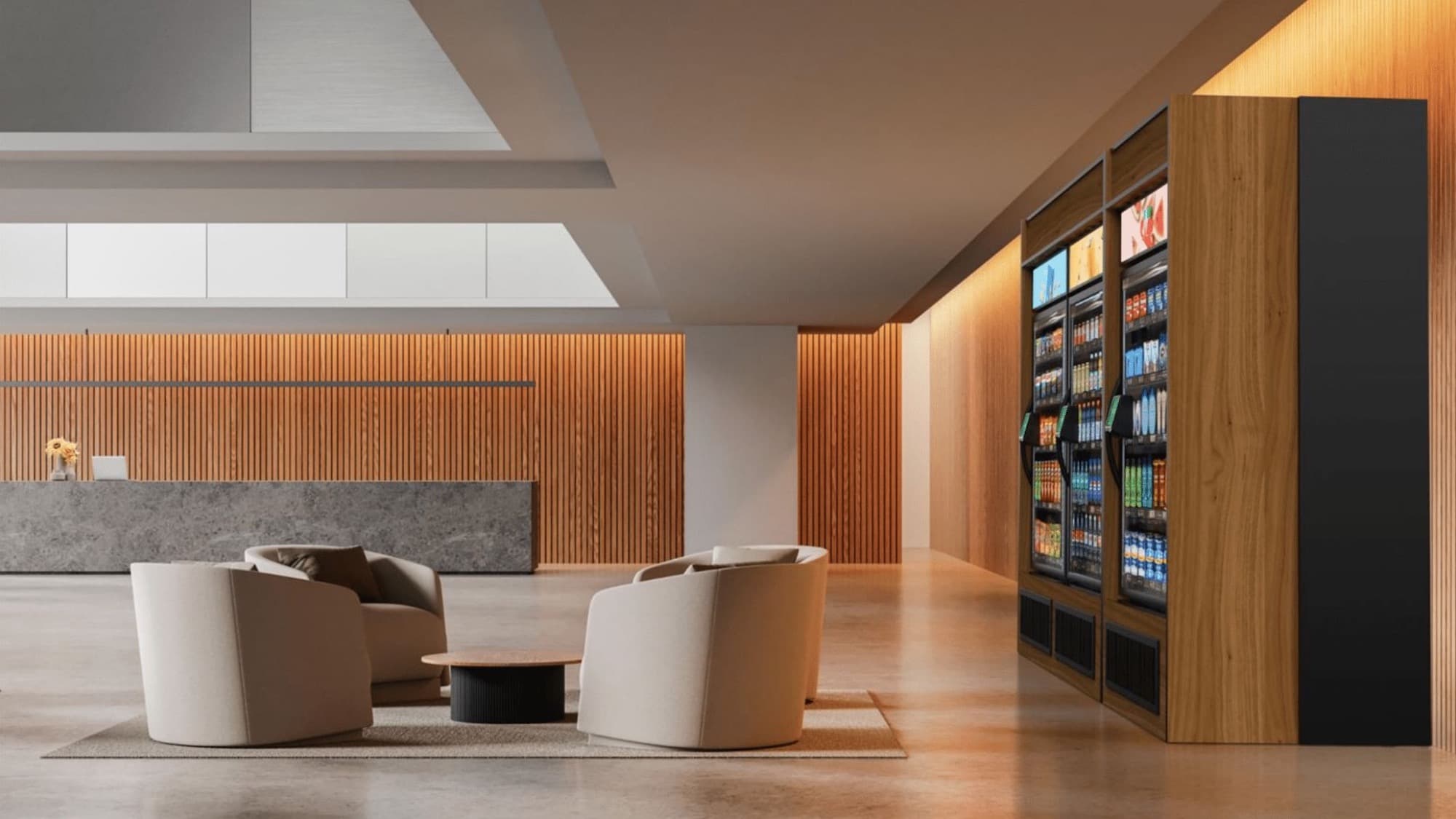 Smart Fridge™ cabinets in a wood enclosure in a hotel lobby with a reception desk and lounge chairs