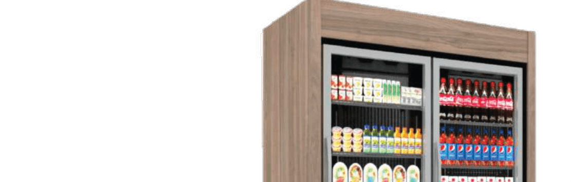 Fixturelite wooden enclosure around two glass-door refrigerated cabinets