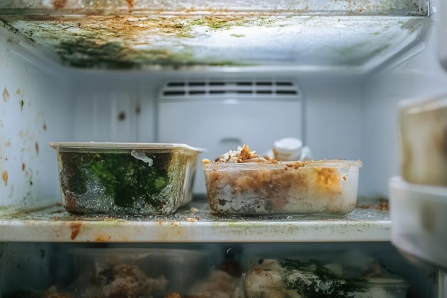 typical office fridge with expired food