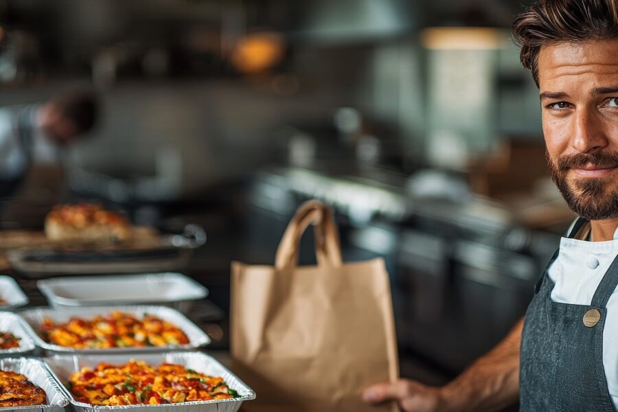 Chef preparing meal packaging inside a vibrant professional kitchen setting